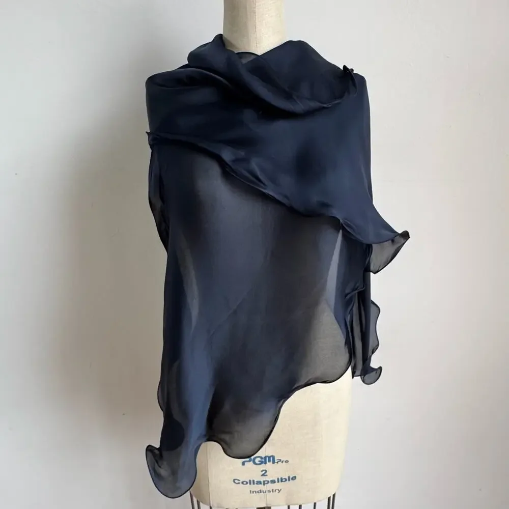 GIORGIO ARMANI Navy Silk Ruffle Scarf
